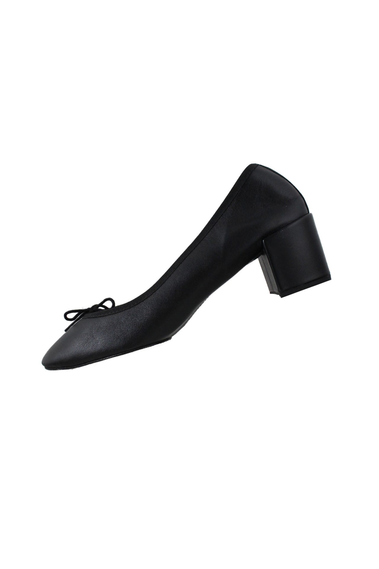 description: repetto black heeled mary janes. features rounded toe silhouette, block heel, bow at front, and slip on style. comes with shoe box. 