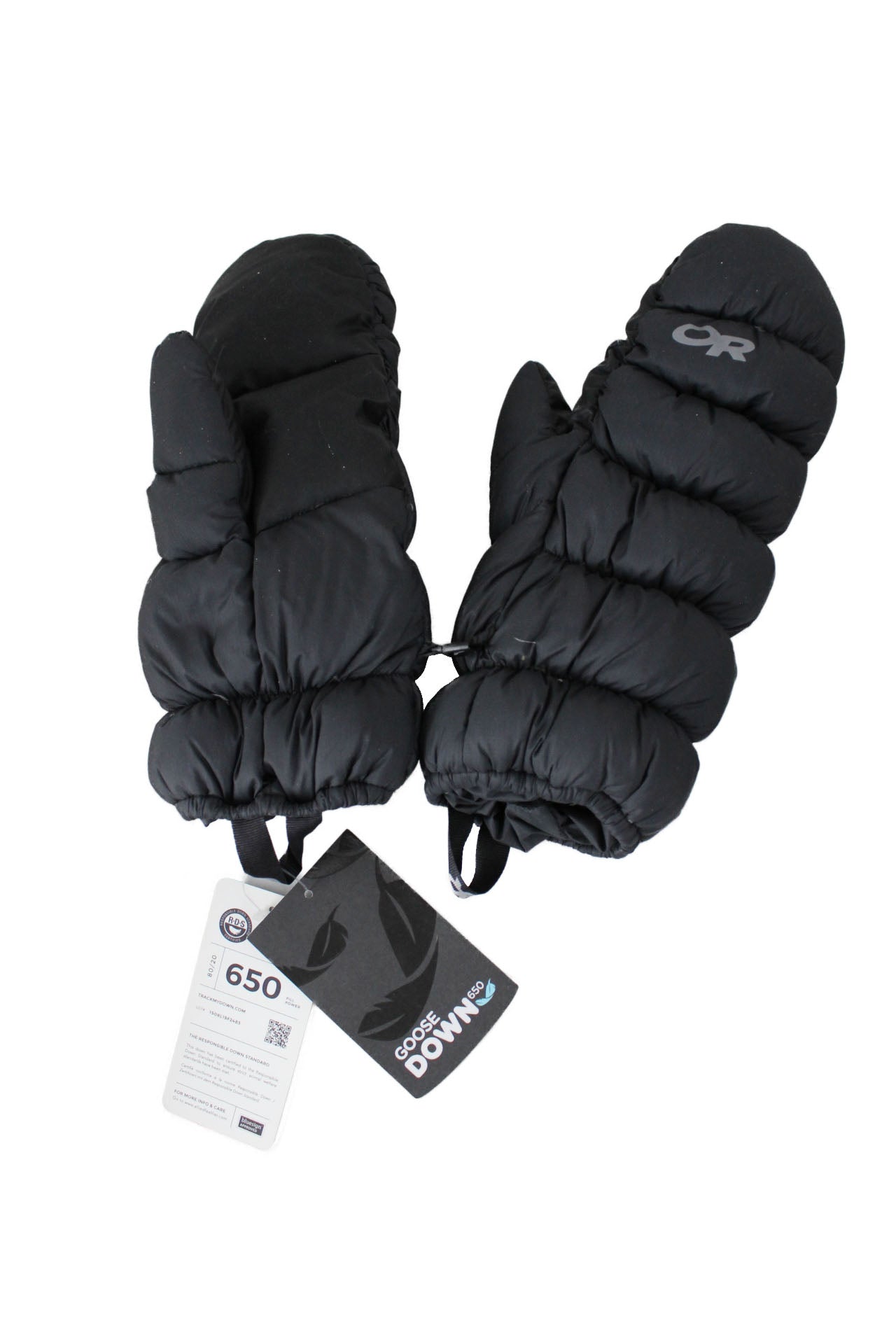 outdoor research coldfront down mittens. features polyester ripstop material, 650-fill down for warmth, tricot lining, silicone palm and thumb enchancement for grip and durability. 