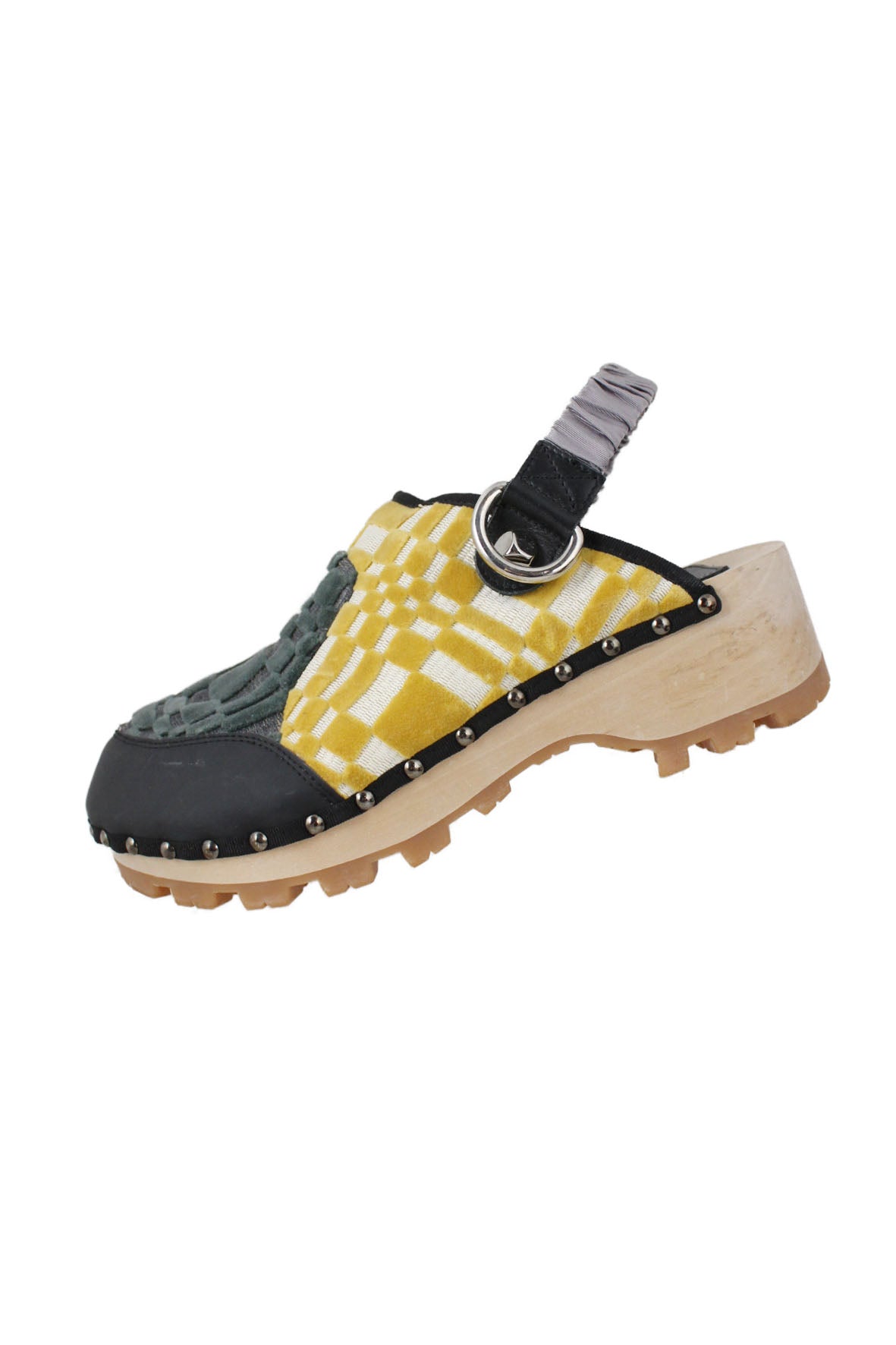 description: brain dead yellow and green checkered clogs. features rounded toe silhouette, silver-tone studs through hem, and elastic hem at ankle. 