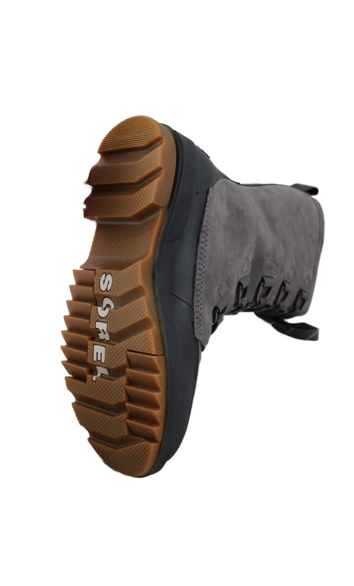 sorel tivoli grey snow boots. features rubber midsole and outsole, round toe silhouette, footbed with die cut PU, microfleece top cover, 100g insulation. upper has waterproof suede and PU coated leather combination with faux fur collar, microfleece lining, and outdry waterproof construction. 