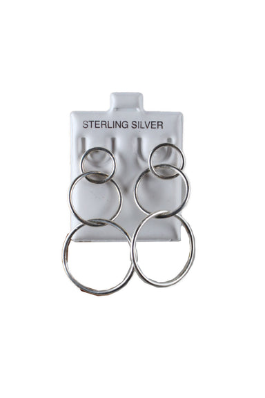 description: unlabeled sterling silver three hoop earrings. features stud closure.