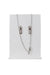  sabrina dehoff earring and necklace set. features silver toned hardware, circular ring, nuts, and cylindrical flat top design. necklace has small silver chain. 