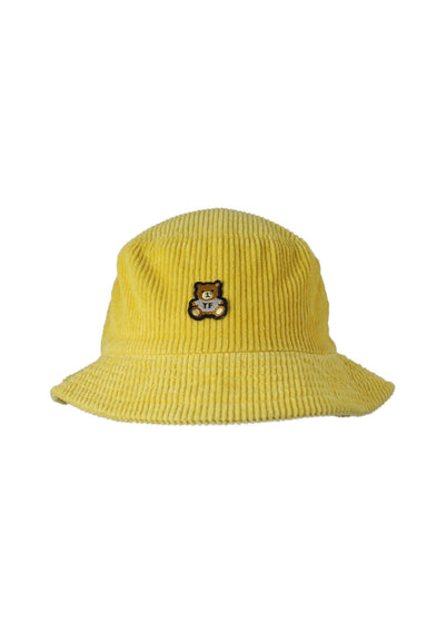 front view of teddy fresh yellow corduroy bucket hat. features ‘tf’ logo patch at front and brim measures ` 2”.