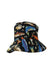 front view of unlabeled black/multi bucket hat. features fish graphic pattern throughout with brim measuring ~ 2.75”.