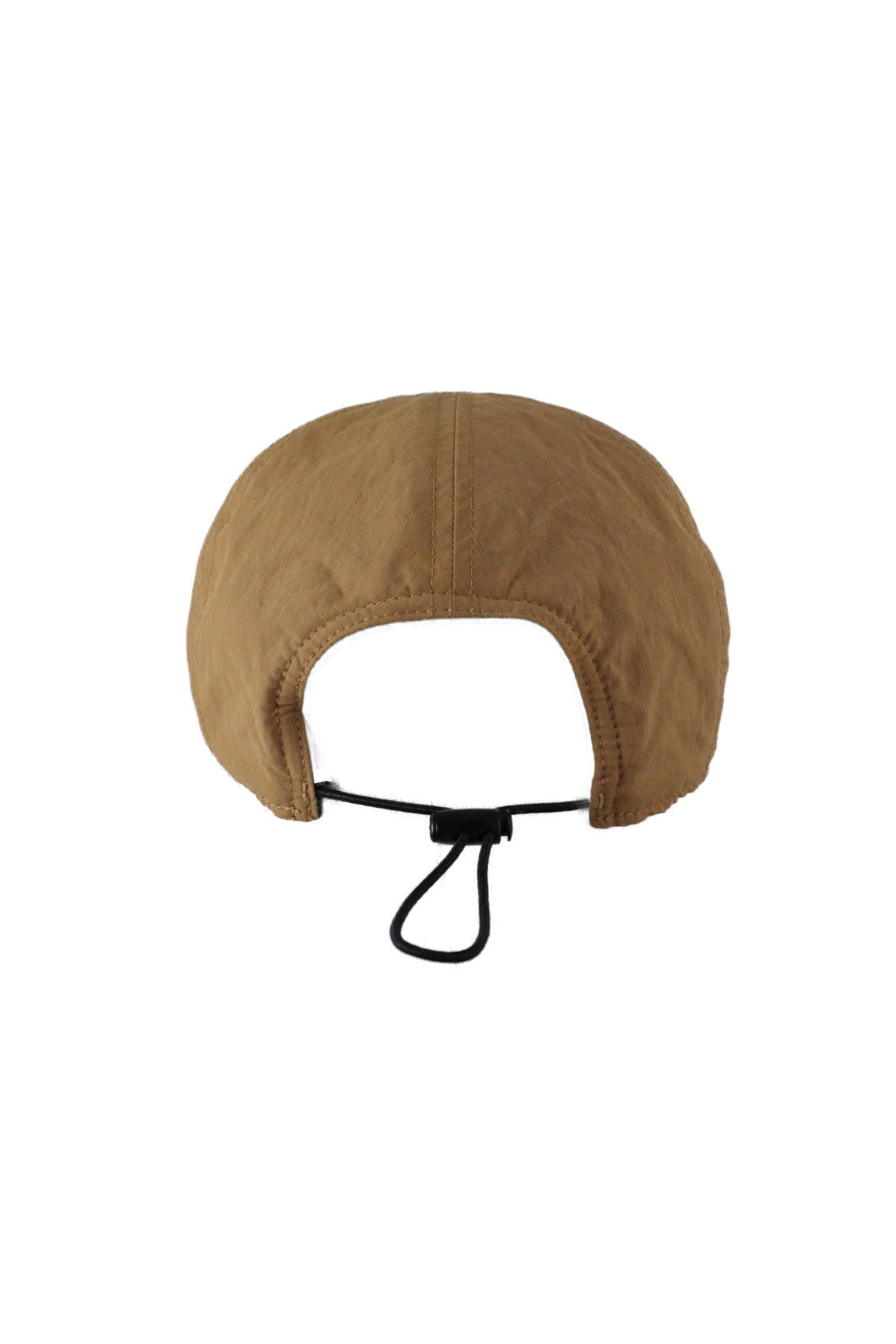 rear view of camel side with adjustable drawstring closure at back.