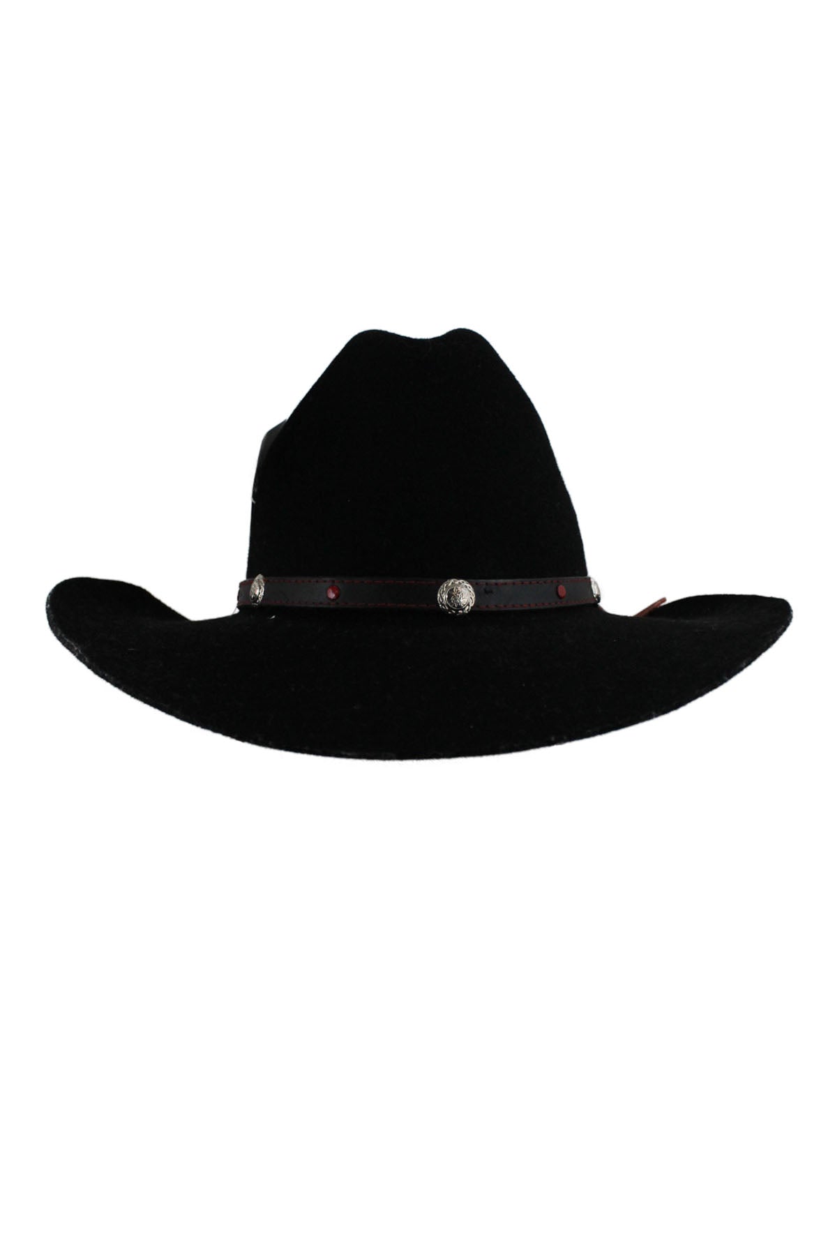 front view of lano felt black fur blend cowboy hat. features black leather accent strap around crown, fully lined, adjustable trim strap, and brim measuring ~ 3.5”.