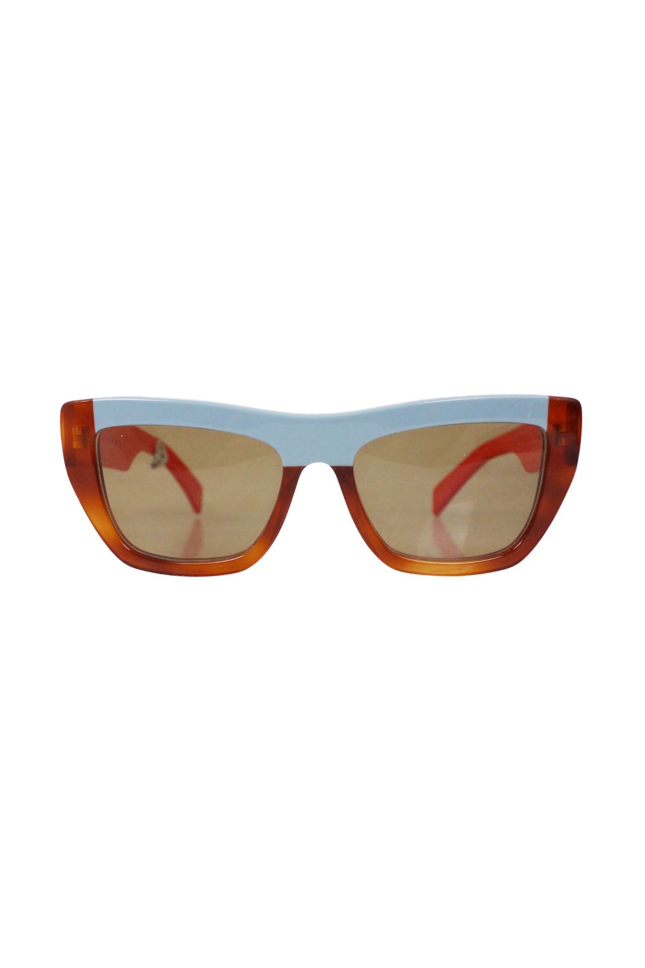  marni multi-color sunglasses. features curved rectangular shape, dark yellow tinted lens, bright red temples, duo color rim with dusty blue and translucent orange