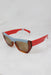  marni multi-color sunglasses. features curved rectangular shape, dark yellow tinted lens, bright red temples, duo color rim with dusty blue and translucent orange