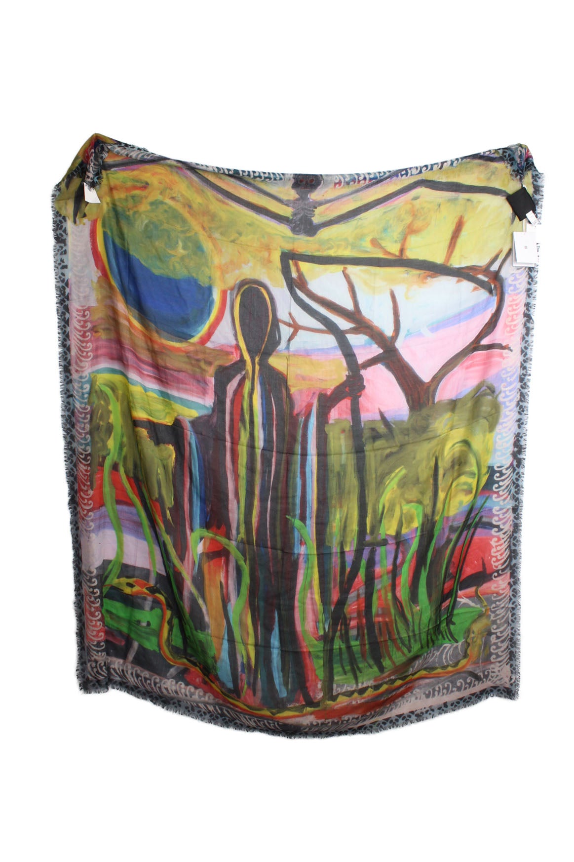  givenchy x josh smith abstract-print scarf. featuring multicolour, cashmere-silk blend, lightweight construction and frayed edge. imagery of a reaper in the foreground