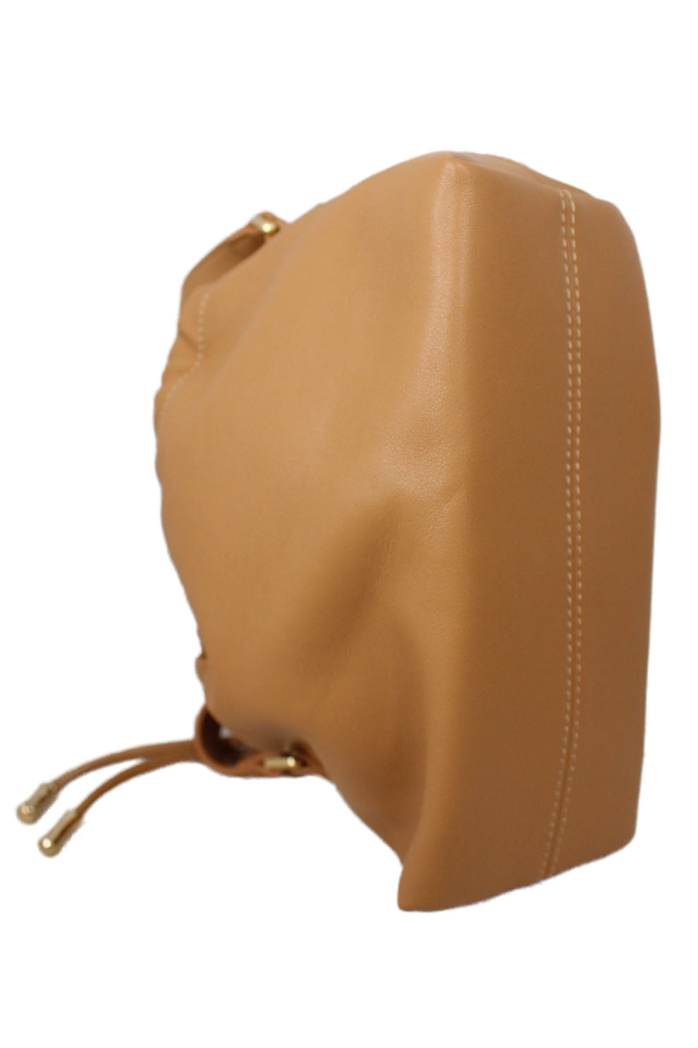 bottom view of apc ninon mini brown drawstring shoulder bag. features small drawstring bag in nut brown recycled leather-like material. grained tan faux-leather, gold tone logo stamp at face, drawstring at throat, magnetic closure, patch pocket at interior, and twill lining