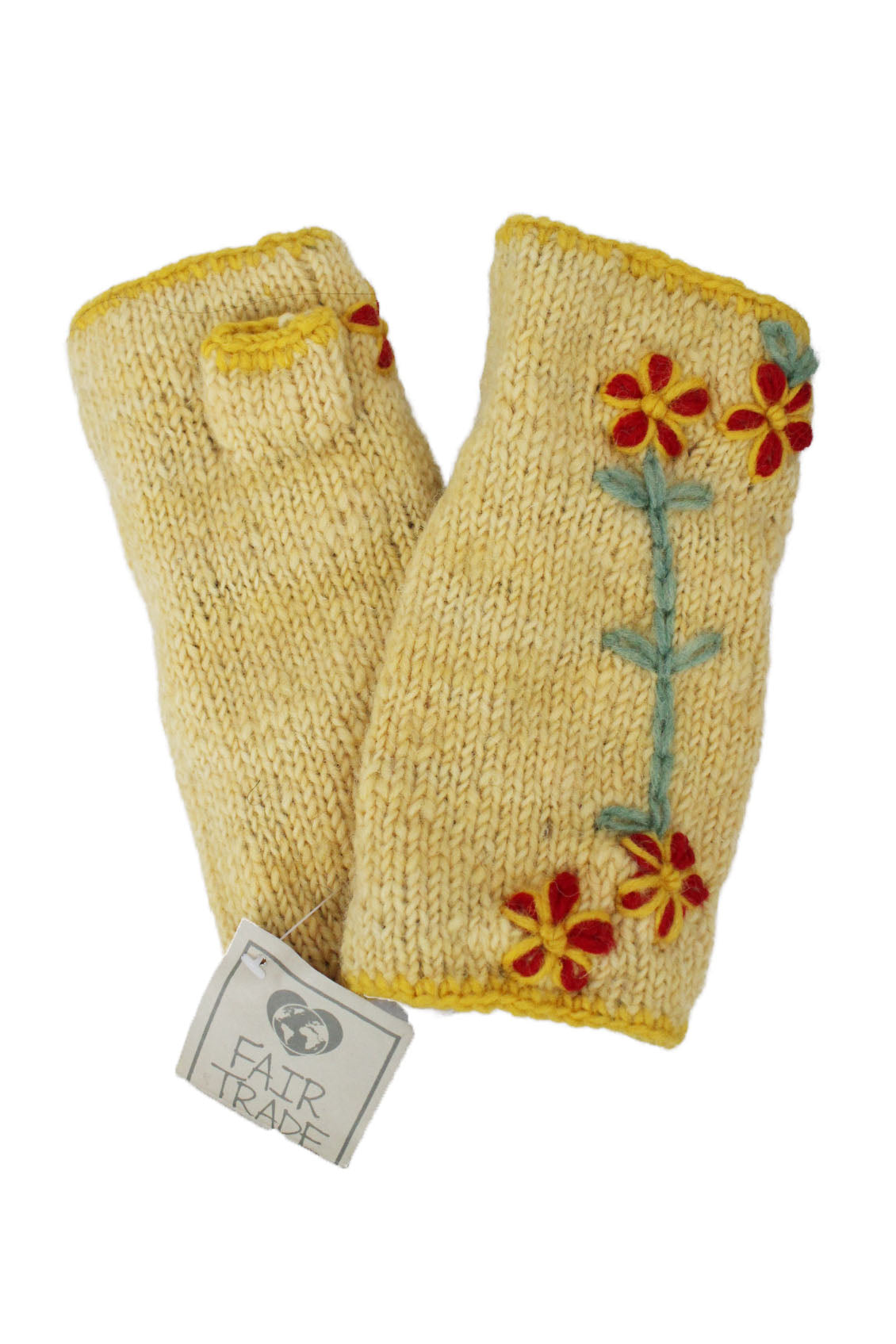 paths of the spirit yellow fingerless gloves. features yellow tonal knit design with 5 red and yellow flowers on each glove