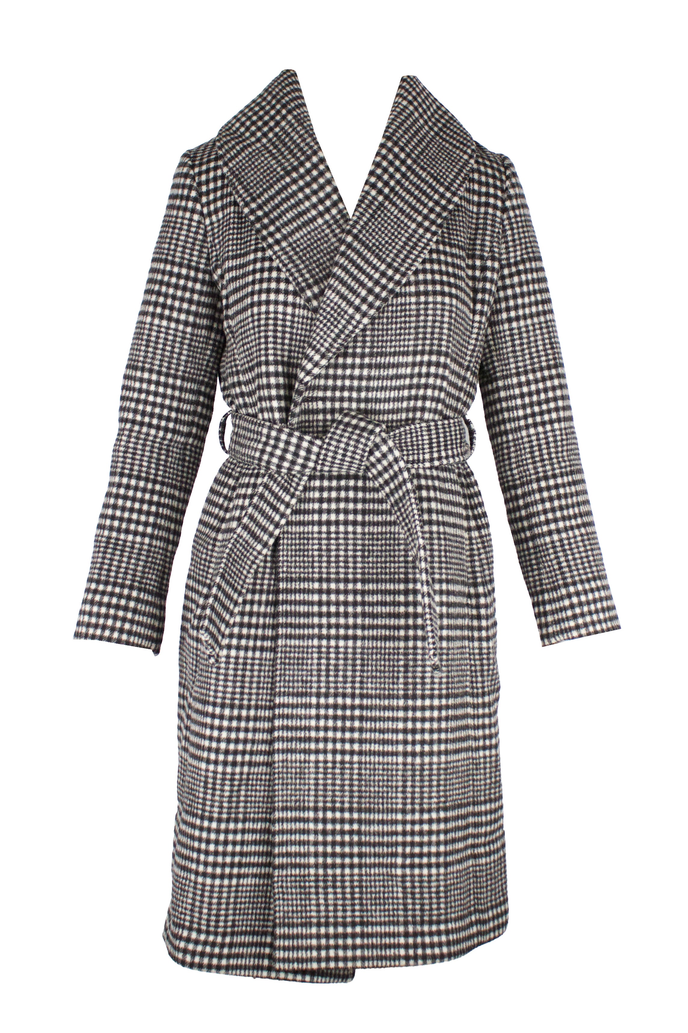 front of 346 brooks brothers black and white coat. features plaid pattern throughout, notched lapels, v-neckline, side seam pockets, and self tie belt at waist.