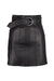 front of sandro black leather mini skirt. features pleated design, wide belt with buckle,  raw hem, and zip closure. 