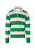 front of vintage dehen knitting green and white long sleeve knit sweater. features spread collar, v neckline with single button, striped pattern throughout, ribbed cuffs/hem, and pull on style. 