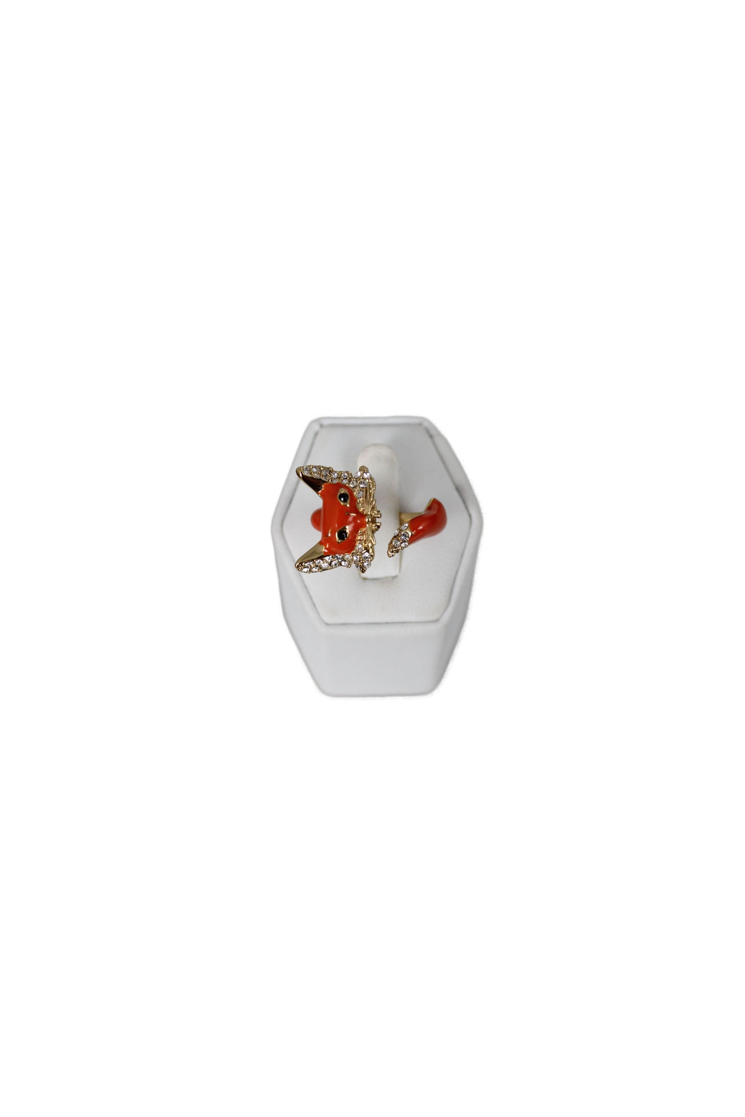 front of  kate spade gold toned fox ring. features fox design, and rhinestone details. 