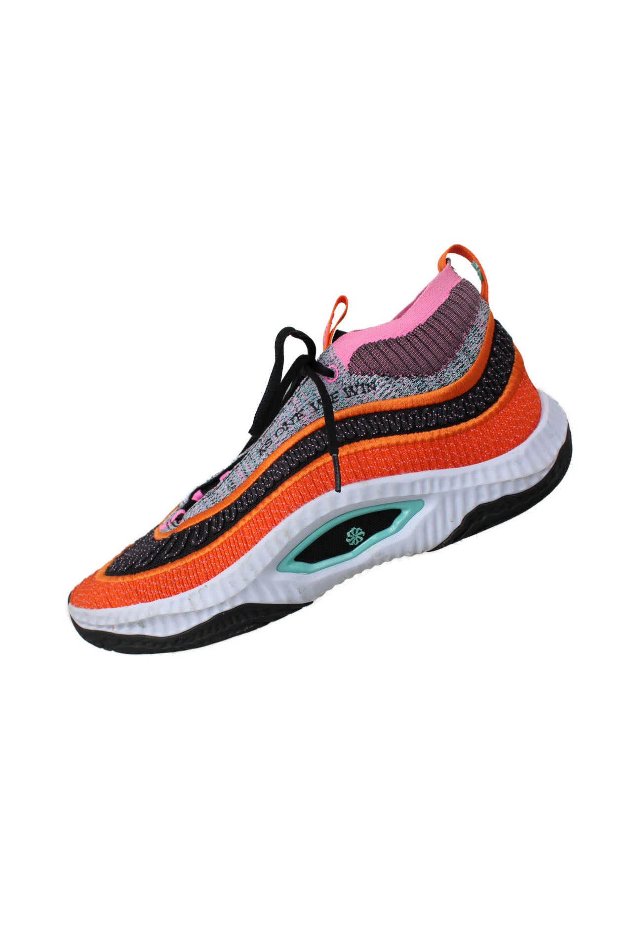 side view of nike red/orange/pink/black/white ‘cosmic unity 3 as one we win’ shoes. features ‘nike’ logo embroidered at tongue, ‘as one we win’ embroidered at sides/heel, and rubber soles.