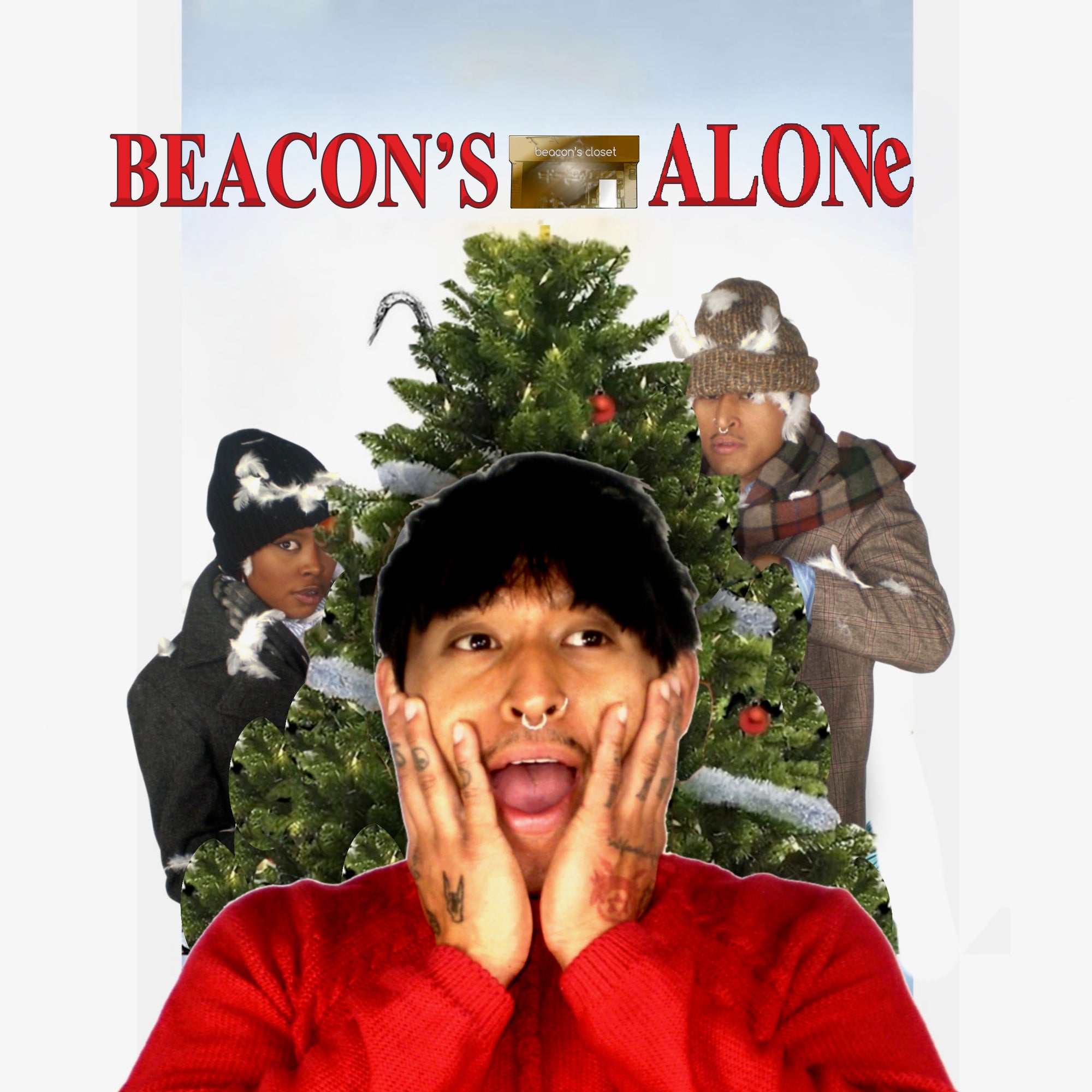Collage of a person in a red sweater with a Christmas tree and three other people in winter clothing, with text 'BEACON'S ALONE'.