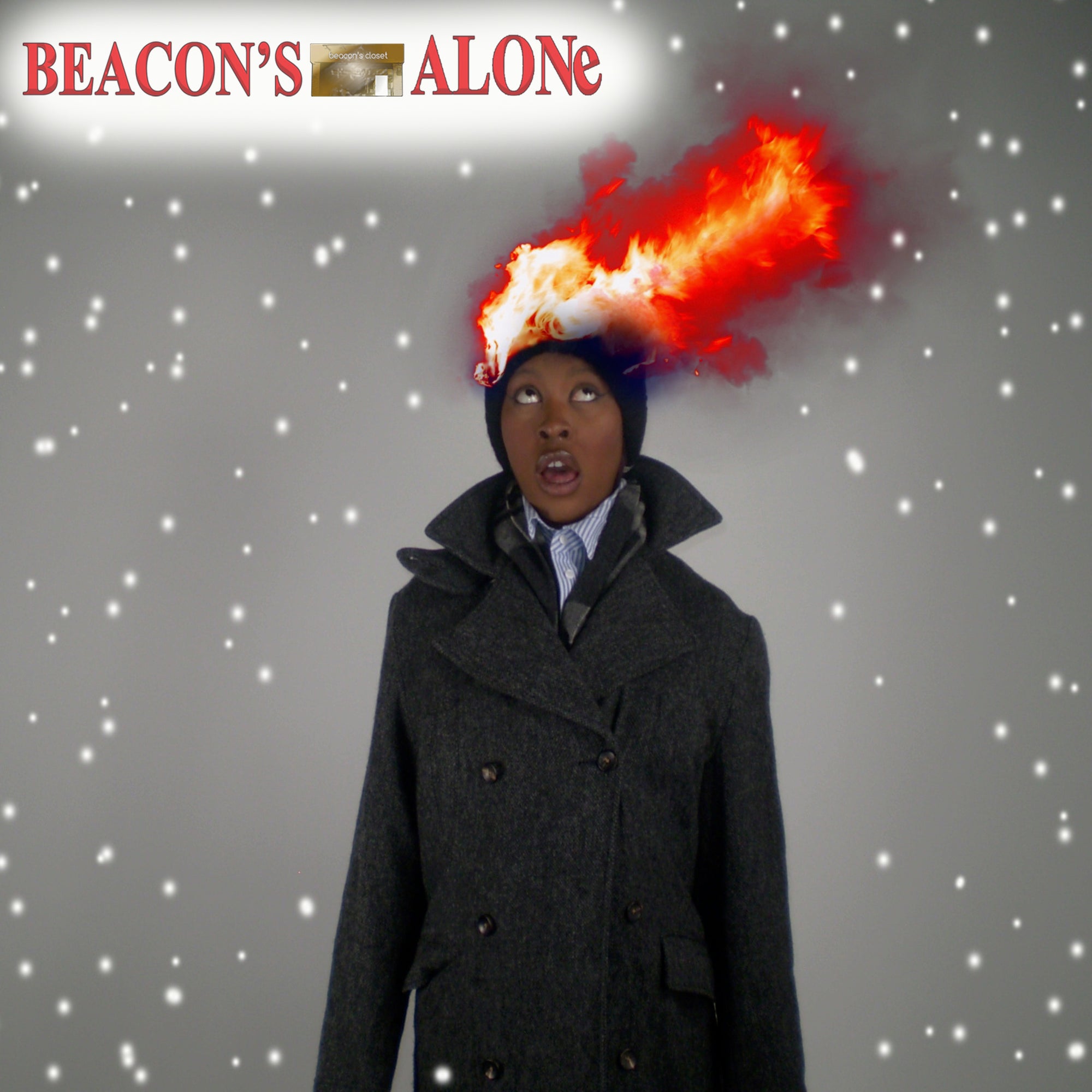 featuring 'beacon's alone' image of person in trench coat with their head on fire