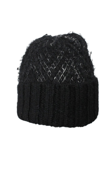front view of kordal black/white baby alpca blend knit beanie. features knit crown/body with ribbed cuff.