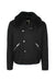 front view of sandro black snap up wool jacket. features side zip hand pockets, inner chest pocket, fully lined, belt at waist, and optional removable lamb shearling collar.