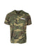 front view of carhartt wip army green camo ‘college script’ cotton t-shirt. features ‘carhartt’ logo printed at left breast with ribbed collar.
