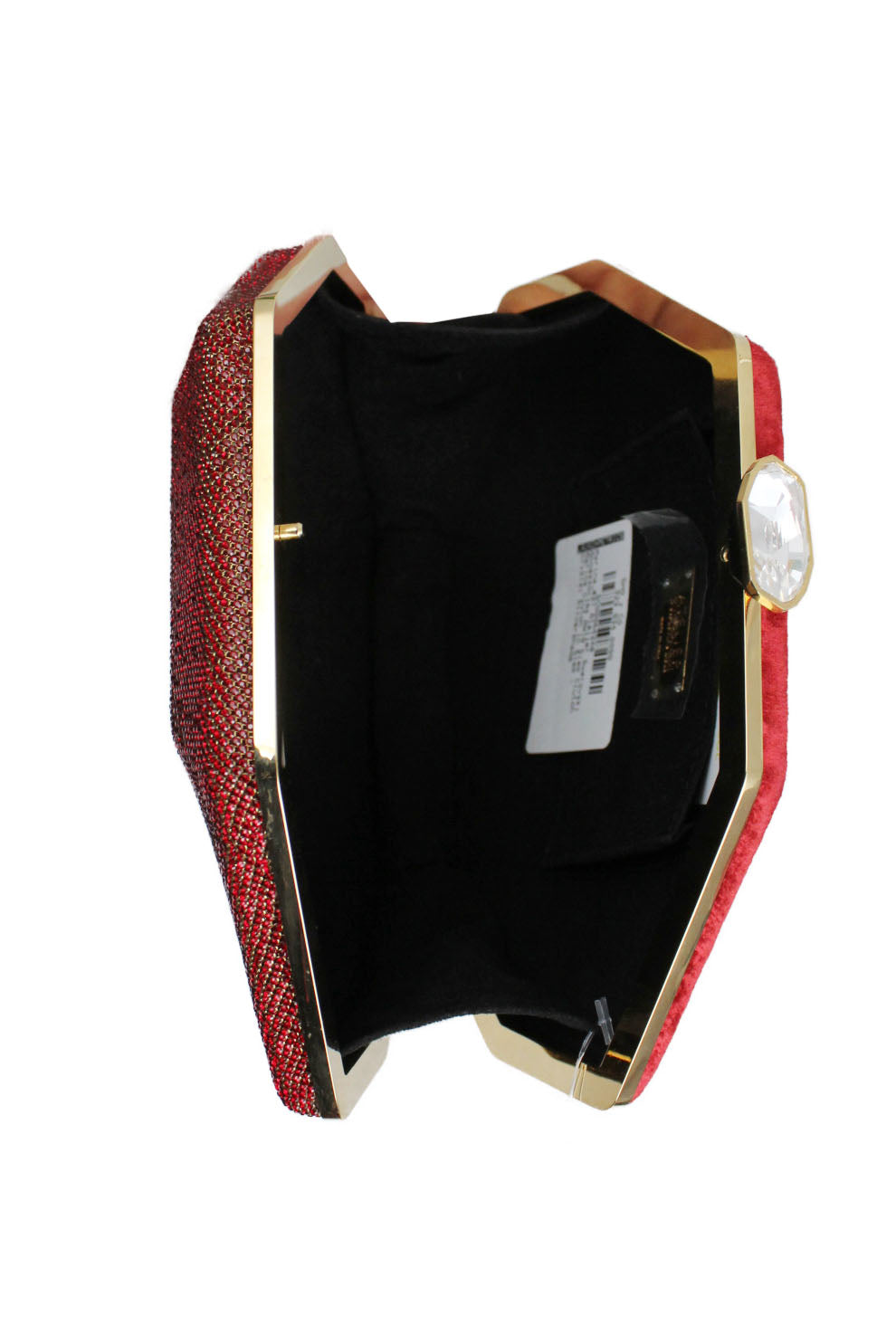 atelier swarvoski aw19 'marina siam clutch. features asymmetrical geometric silhouette with red rhinestones on one side and red velvet on the other. gold metal trim and internal black fabric lining with small pockets. rhinestone on top acts as a closure release.