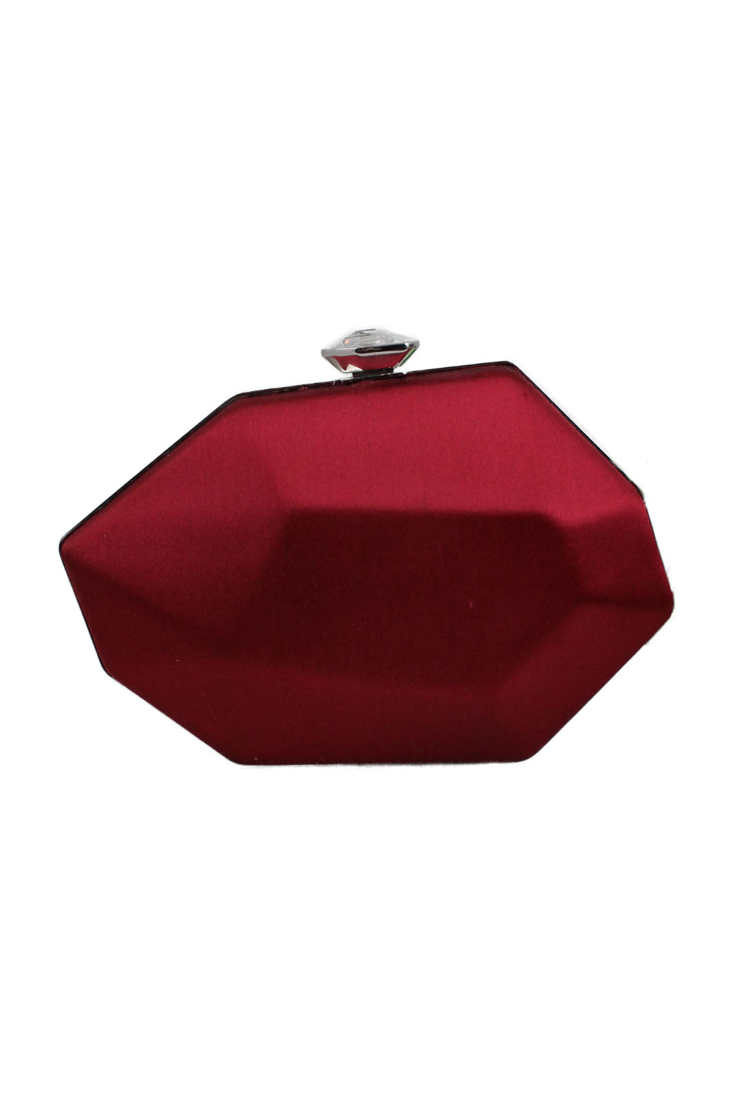 atelier swarvoski ss19 clutch. features asymmetrical geometric silhouette with red satin. silver trim and internal black fabric lining with small pocket. rhinestone on top acts as a closure release.