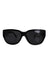 front angle of the row x linda farrow black oversized sunglasses. features grey lenses and leather covered arms. 