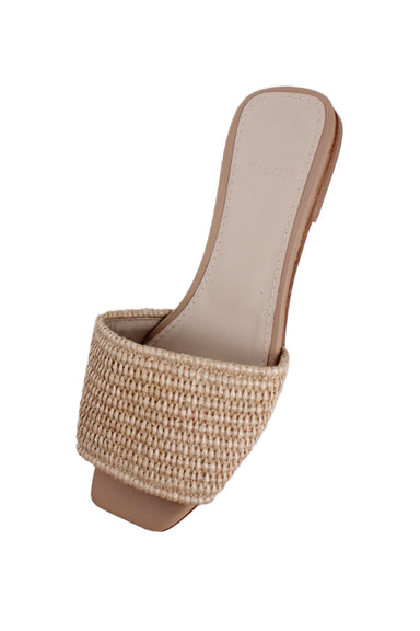 above three-quarter angle theory sandals featuring woven fiber strap and square toe.