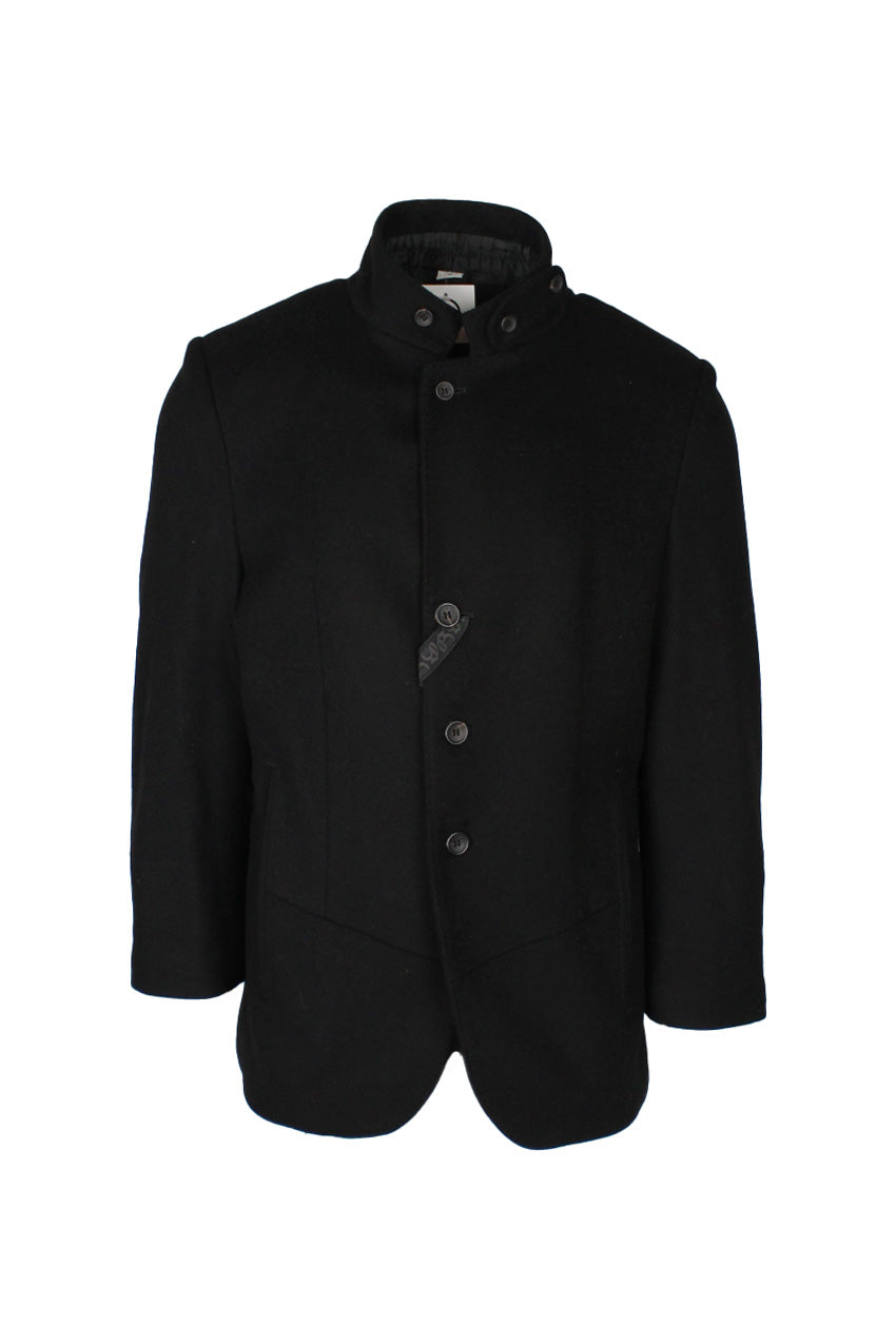 front view of john galliano black front button up virgin wool/cashmere jacket. features side hand pockets, inner chest pockets, buttons at cuffs/collar/small of back, fully lined, and back slit at hem.