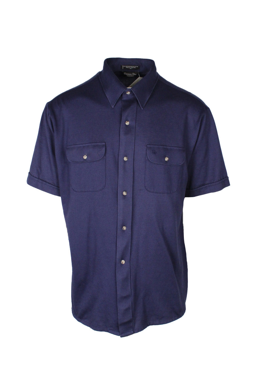 front view of christian dior monsieur navy short sleeve button up shirt. features ‘dior’ logo embroidered at button flap left breast pocket.