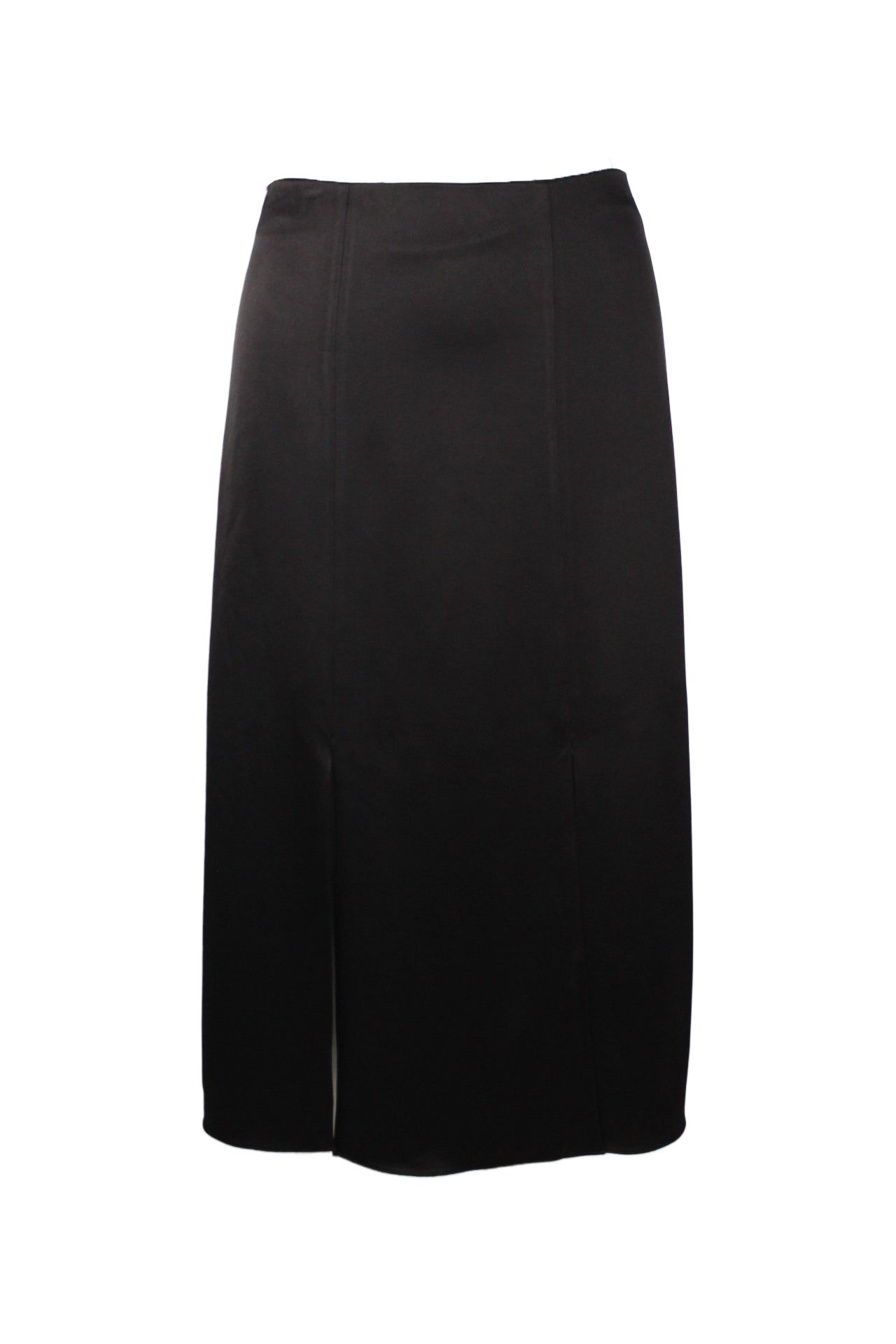 description: alice + olivia classics black midi skirt. features open slits at front and back, zipper closure at center back and fitted waist skirt. 