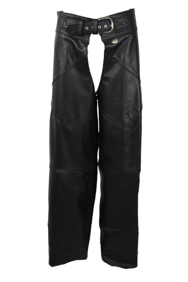 description: vintage harley davidson black leather chaps. features silver-tone metal hardware throughout, belt buckle at waist lace up closure at back, and zipper closure at side of leg. 