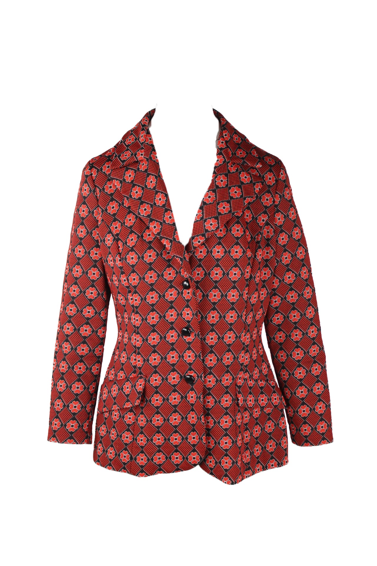 description: vintage red floral print long sleeve blazer. features lapel collar, flaps at front (no pocket), single breasted button closure at center front, and fitted style. 