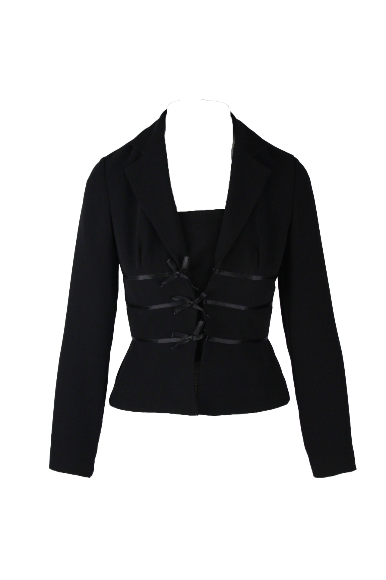 description: vintage evan-picone black long sleeve short blazer. features v neckline with coverage fabric that can be hidden, lapel collar, three bows at front waist, fitted silhouette, and hook closure at center front. 
