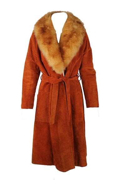 description: vintage leather orange/brown leather coat. features light brown fur collar, two slit pockets, and tonal belt tie at waist. 