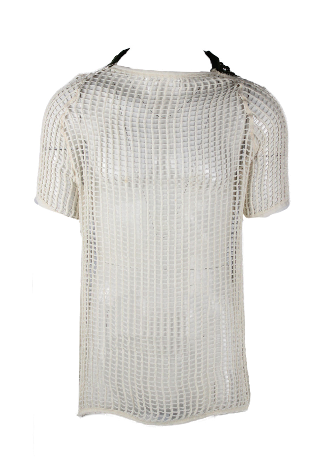 front view of unlabeled white/sage loose knit t-shirt. features contrast sage panel at back with ribbed collar/cuffs/hem.