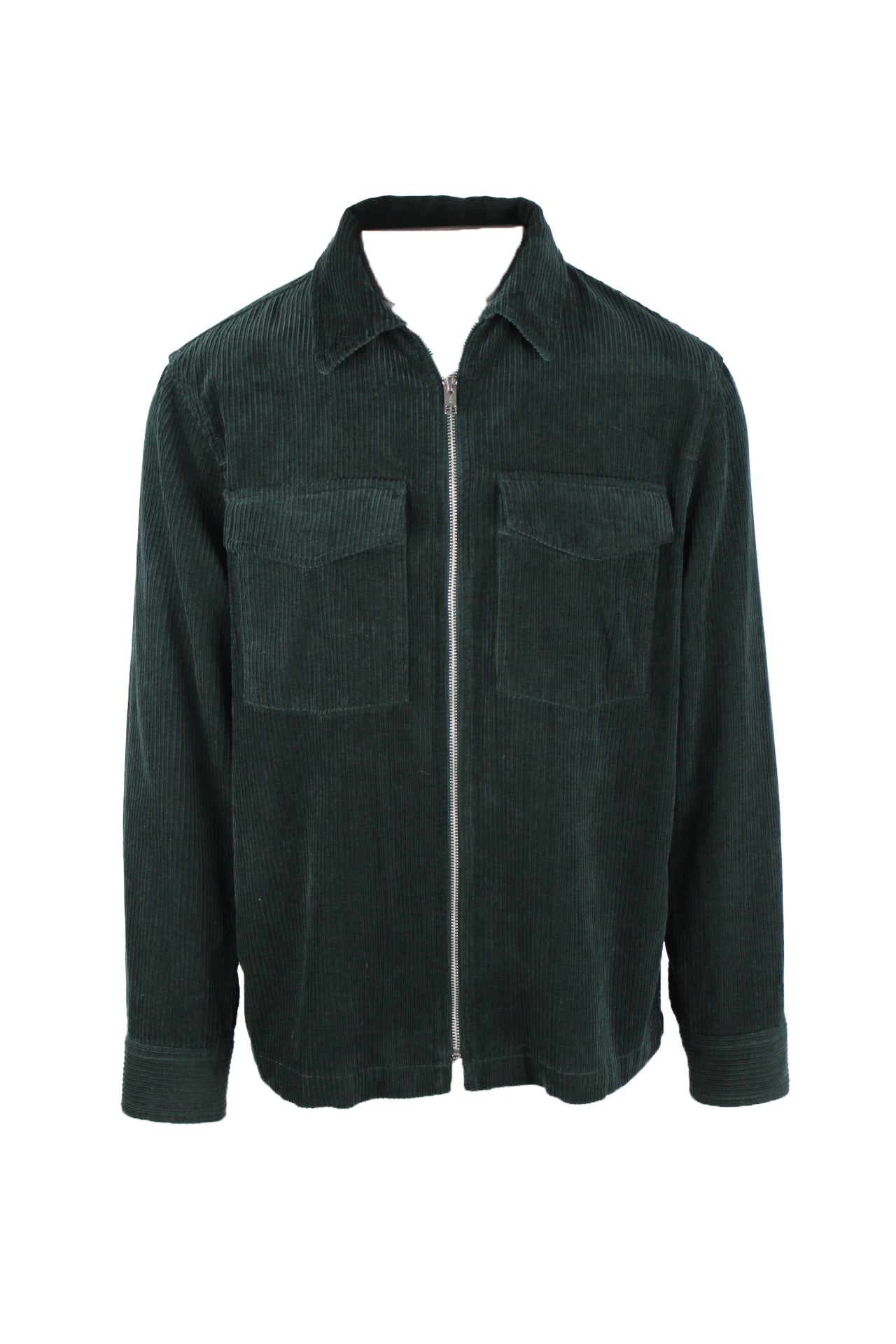 description: h&m green corduroy shirt jacket. features silver-tone metal zipper closure at center front, cuffed long sleeves, and pressure fastener closure flap pockets at front.