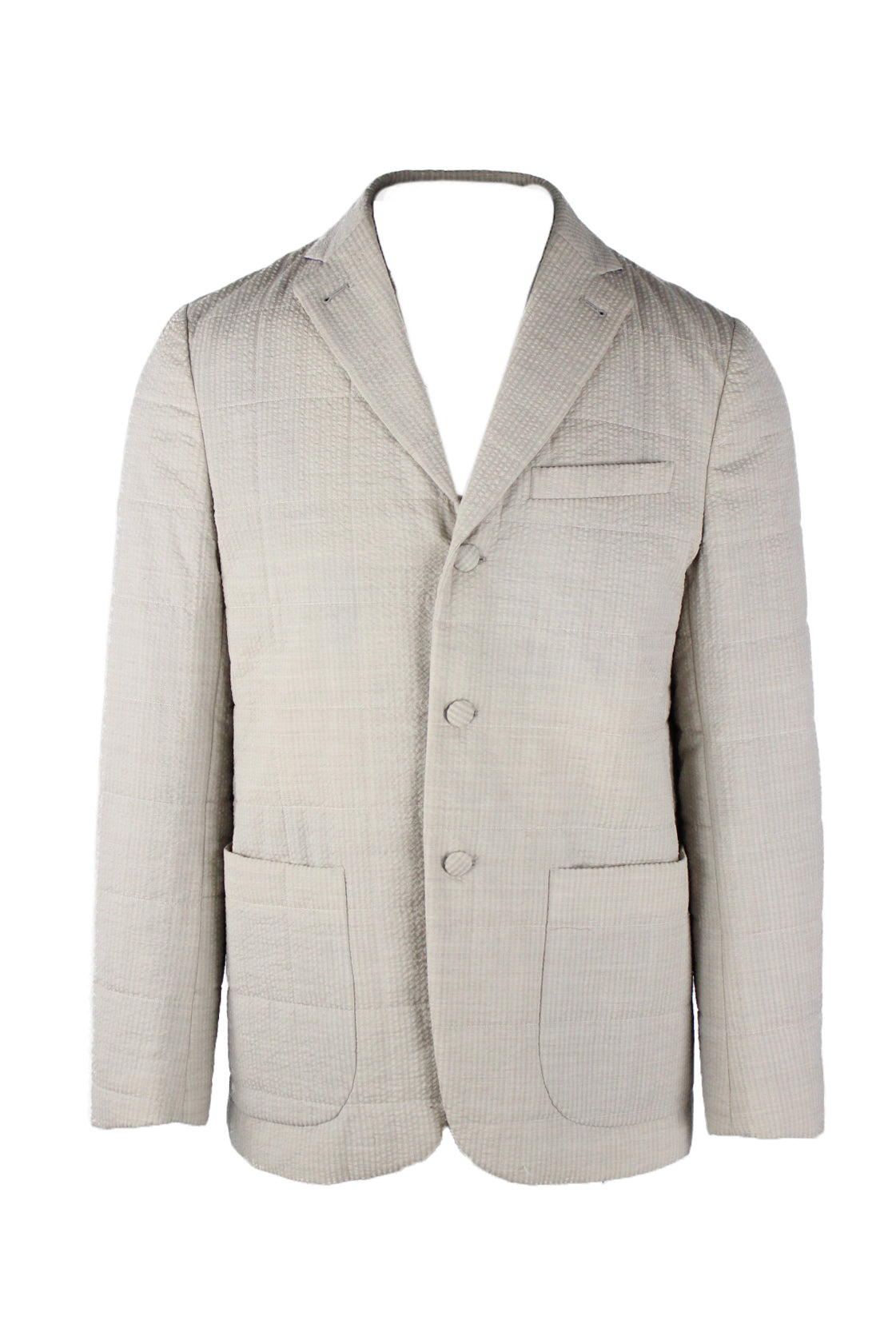 front view of stephen f beige ‘simon 77’ quilted textured wool blend button up blazer. features front hand pockets, left breast pocket, multi inner slot pockets, and buttons at cuffs.