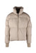 front view of nick nicole beige zip up down puffer jacket. features side hand pockets, inner chest pocket, adjustable drawstrings at hem, and ribbed cuffs.
