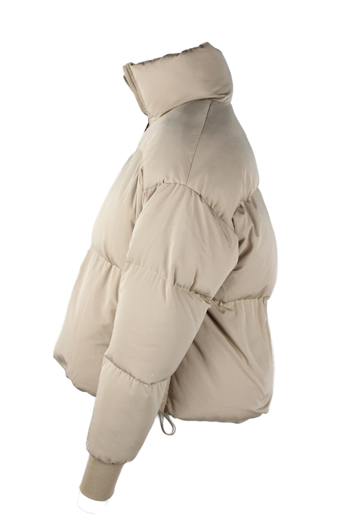 profile view with left sleeve of jacket.