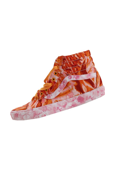 tilted side angle vans x collina strada orange, pink, and white 'sk8 high' textile sneakers. features abstract butterfly print at upper and pink/white floral print outsole and side wave.