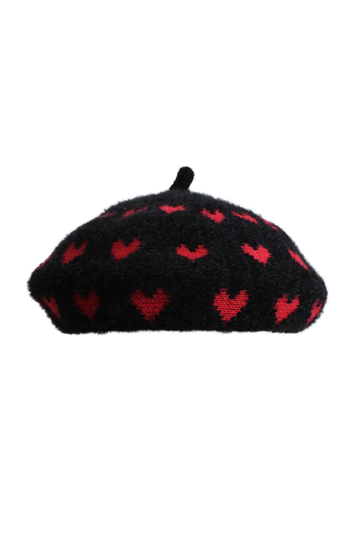description: maeve by anthropologie black and red heart beanie. features black knit throughout and drawstring adjustable. 
