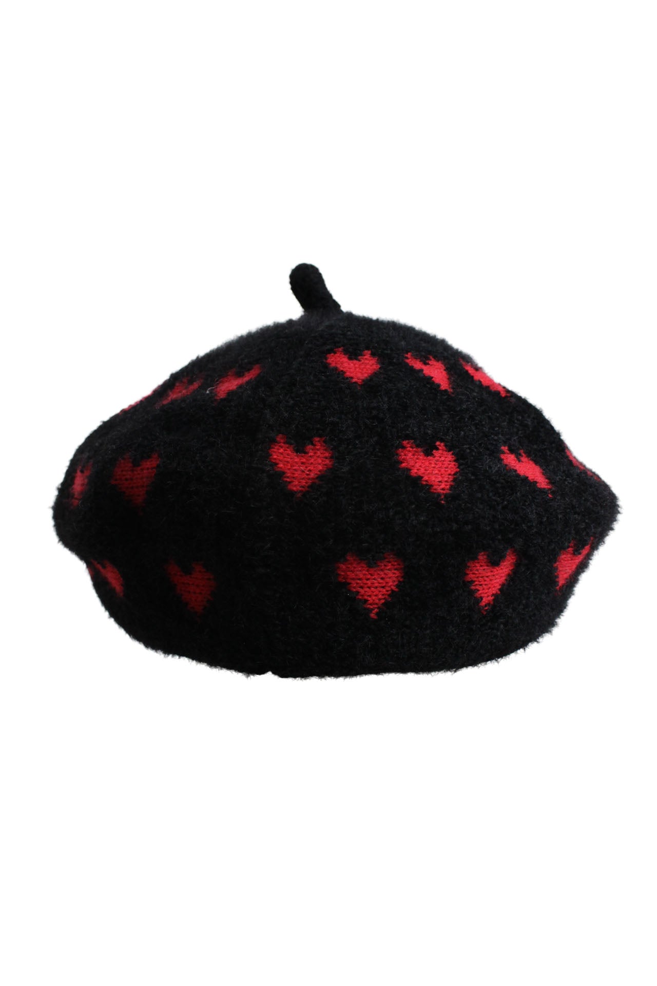side of black and red heart beanie. 