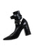 description: robert clergerie x self portrait black heels. features silver-tone metal hardware throughout, pointed toe silhouette, buckle closure ankle strap, and ~3.5" block heel. 