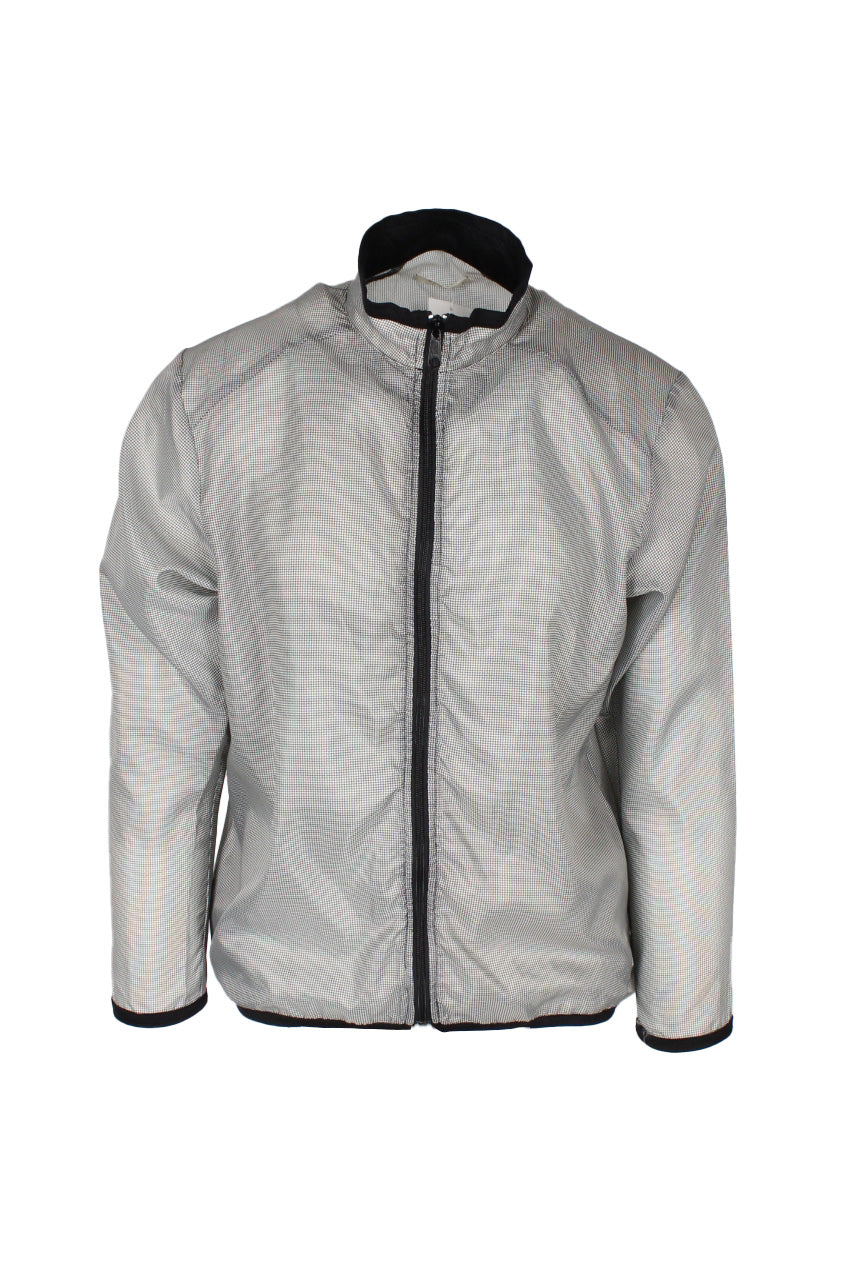 front view of 6397 white/black/(grey) zip up lightweight jacket. features houndstooth pattern throughout, side hand pockets, and elastic trim at cuffs/hem.
