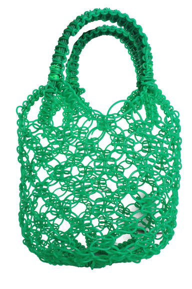 vintage green plastic woven basket. features wide weave, two short round handles, and circular body. 