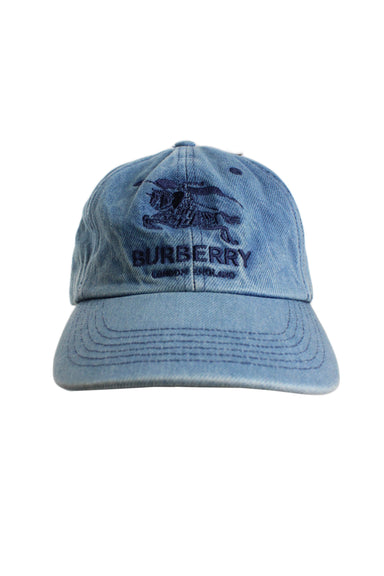 supreme x burberry denim washed blue six panel cap. features branded debossed leather strap fastening, burberry logo embroidered on front, and supreme logo embroidered on the back.