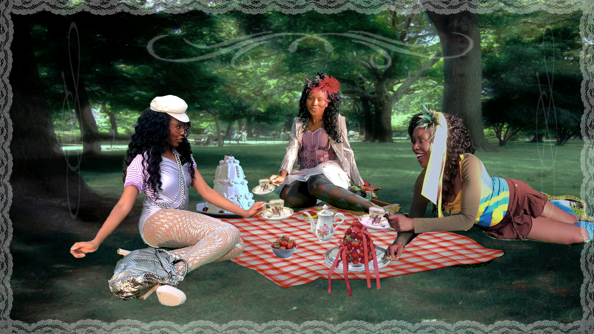 animated gif of collage style picnic in woods with three people cheersing each other
