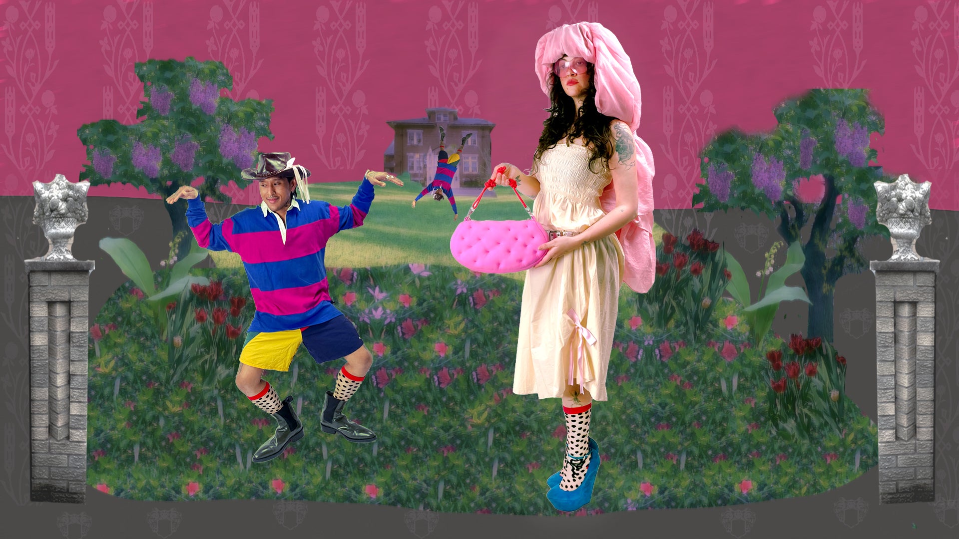 psychedelic collage of Two people in colorful costumes in a garden with a pink background